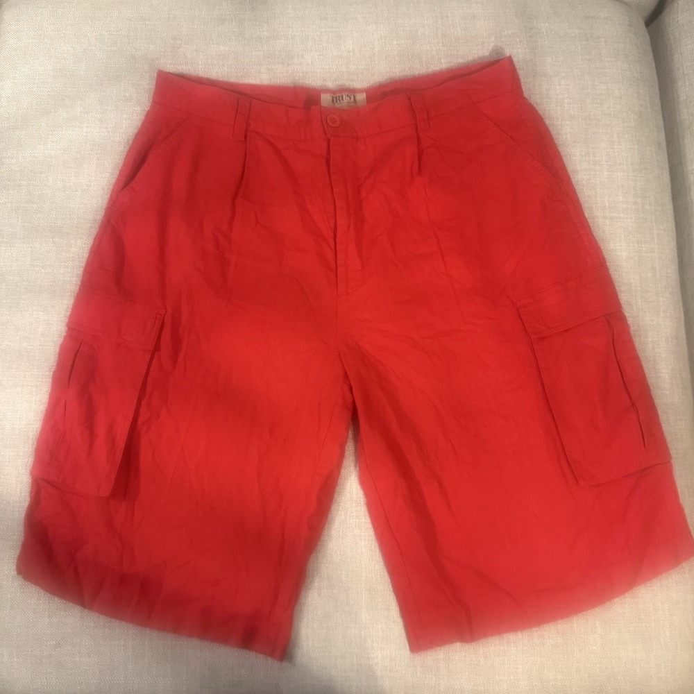 Trust Collection Red Linen Blend Cargo Shorts Mens 38 Relaxed 10" Inseam